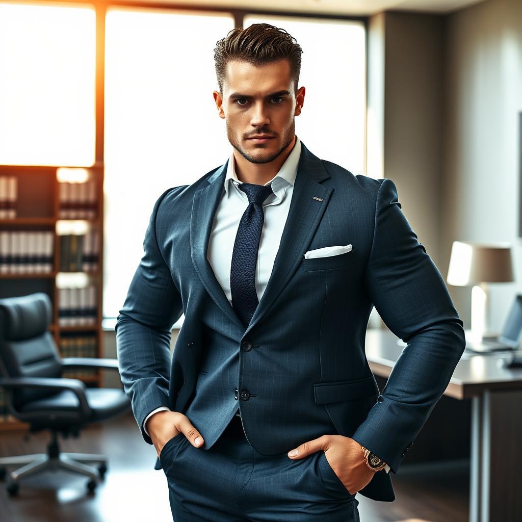 A powerful and athletic male lawyer, wearing a well-tailored suit, confidently posing with a fierce expression