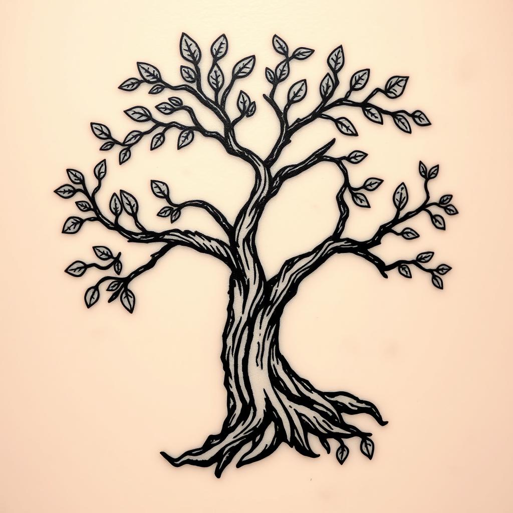 A black and white tattoo design showcasing a stylized tree that creatively takes the shape of the number 8