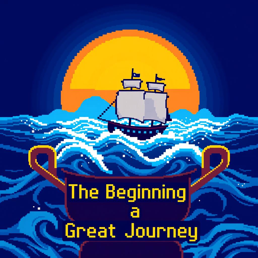 A pixel art trophy in blue shades featuring the Going Merry sailing through stylized waves towards a vibrant sunrise