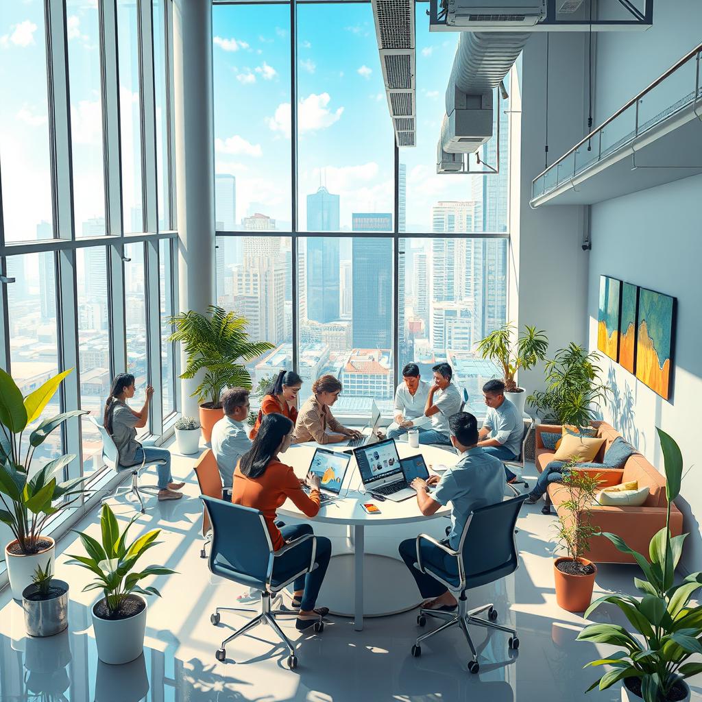 An artistic representation of PT Sritek Tbk featuring a dynamic and modern office environment that captures the spirit of innovation and teamwork