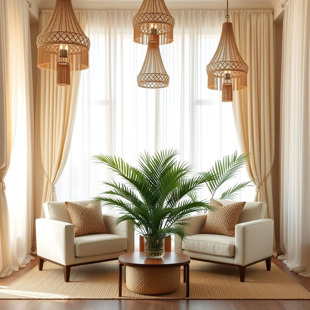 A stylish living room interior featuring cream curtains, elegantly draping down from the windows