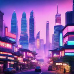 Fantasy version of Seoul at twilight, brought to life with vibrant neon lights and ethereal skyscrapers. Create an album cover with this stunning background, full of aesthetics and beauty.