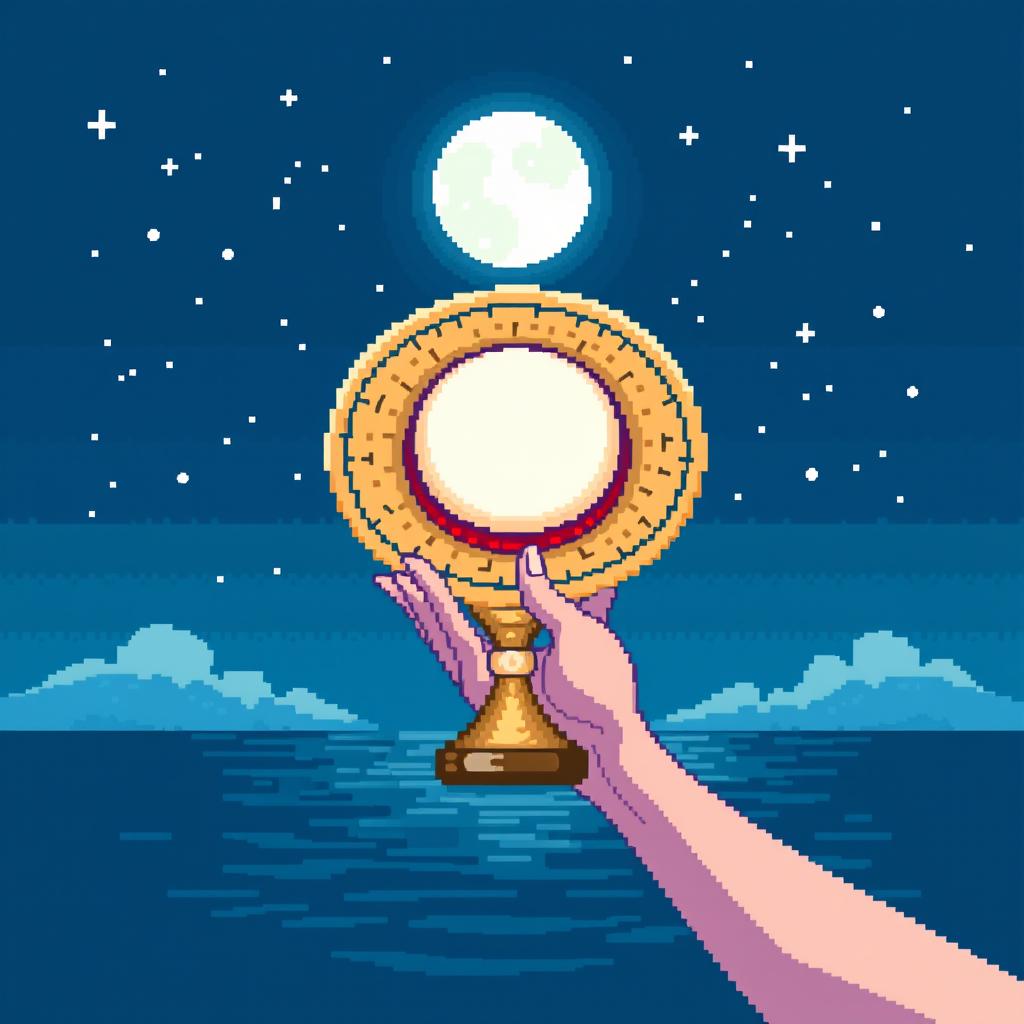 A pixel art trophy designed in cool blue shades, showcasing an outstretched hand holding a straw hat