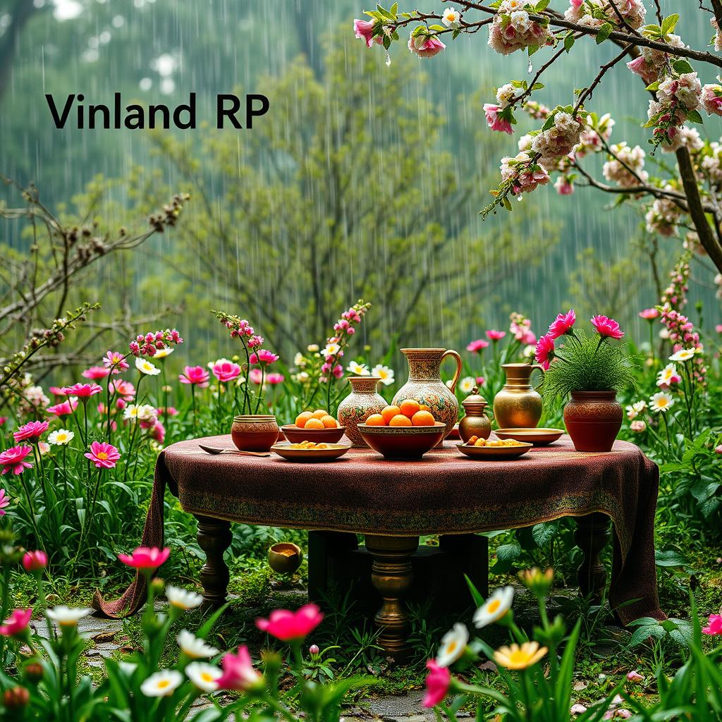 A vibrant and lush spring background featuring a rainy atmosphere with blooming flowers and greenery