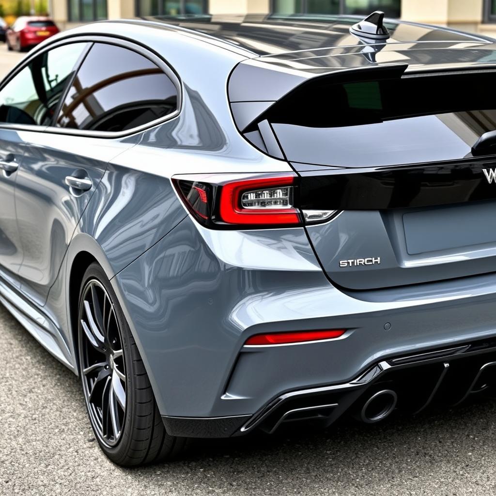 A sleek modern car with a polished exterior and striking black modifications, showcasing a stunning nardo grey body color