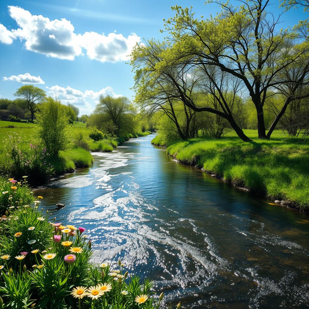 A serene river scene during spring, featuring a gently flowing river surrounded by lush greenery