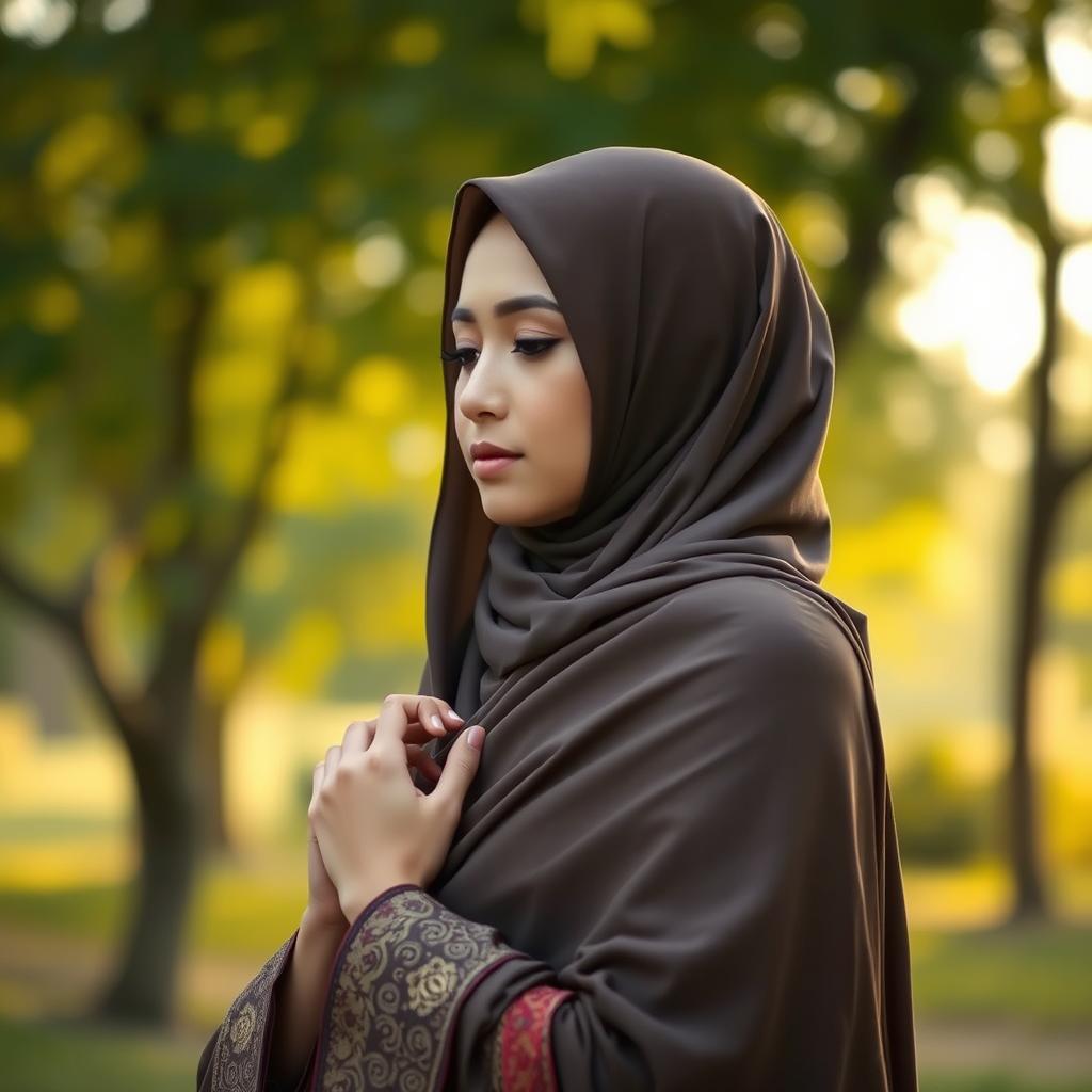 A serene and beautiful scene of a hijabi woman in traditional attire, engaged in a moment of reflection or dedication, showcasing her as a symbol of strength and grace