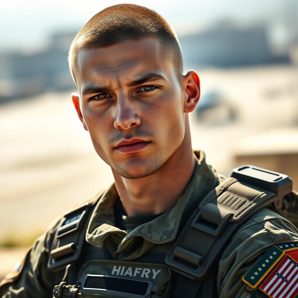 A close-up portrait of a soldier standing confidently, wearing a tactical uniform and gear, outdoors with a blurred background of a military base
