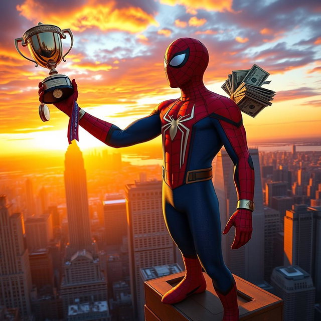 Spider-Man standing triumphantly atop a skyscraper, with a cityscape in the background, looking out over New York City at sunset
