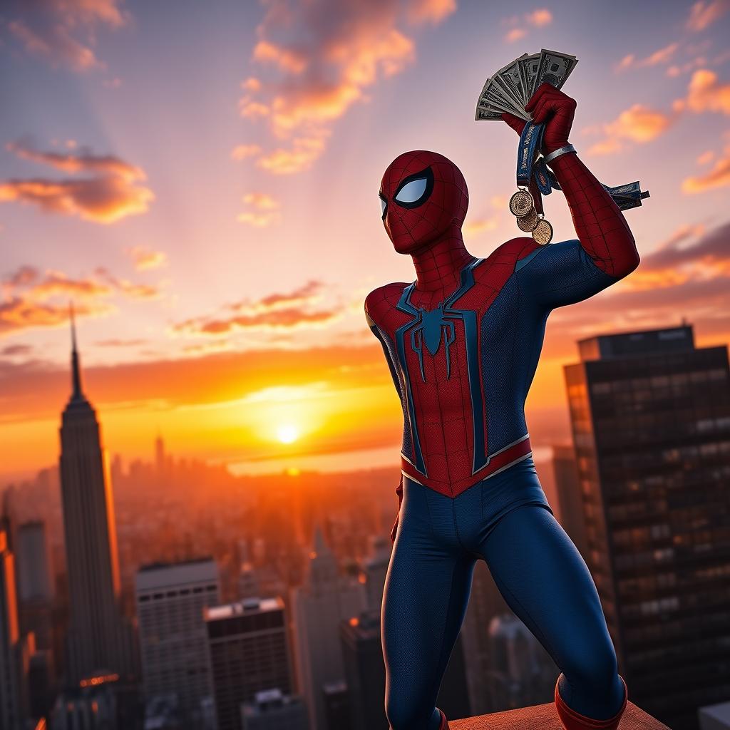 Spider-Man standing triumphantly atop a skyscraper, with a cityscape in the background, looking out over New York City at sunset