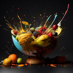 High-definition, conceptually deconstructed fruit bowl artistically arranged with various splatters and a modern composition