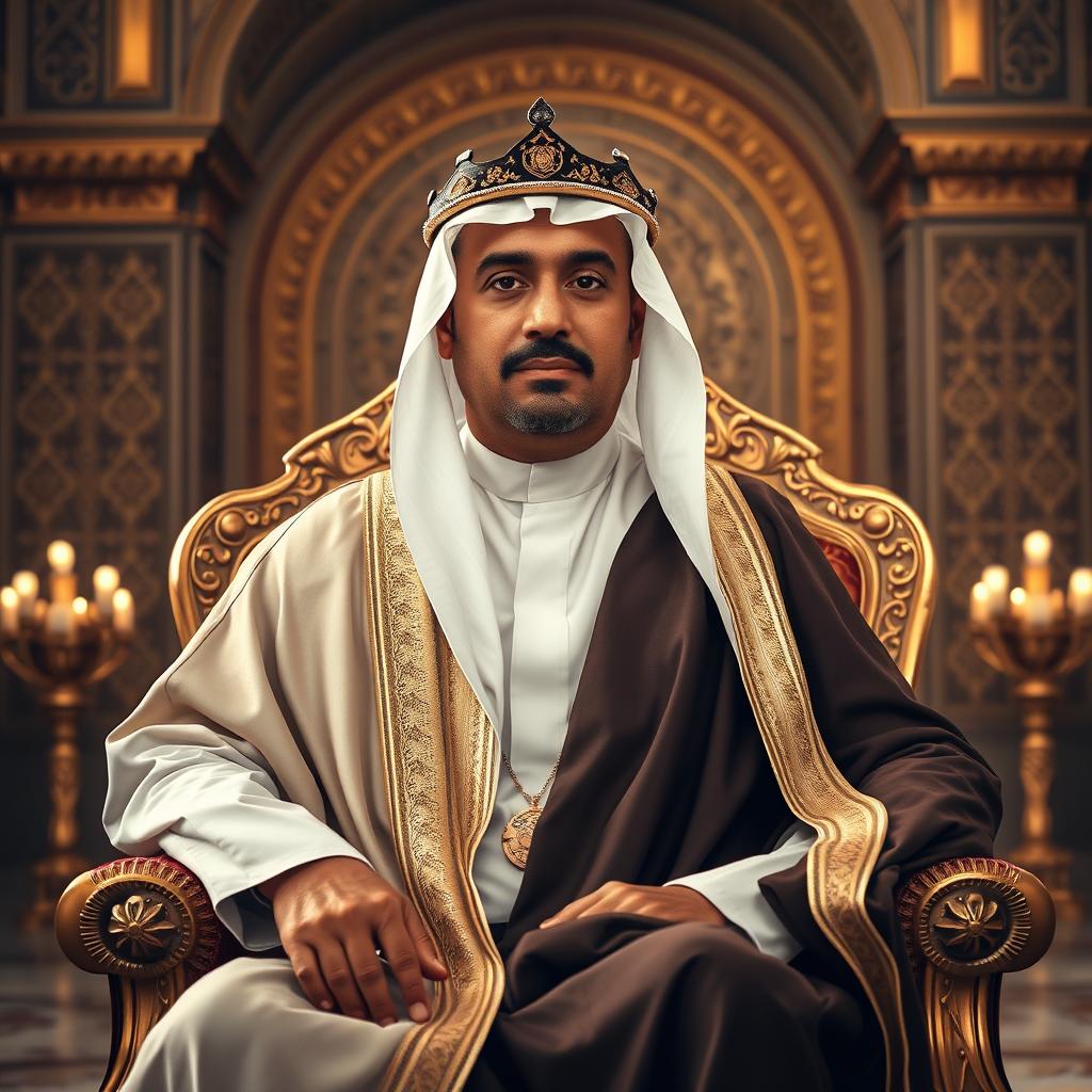 A dignified portrait of a Saudi king in traditional attire, featuring a flowing thobe, a luxurious bisht (cloak), and an ornate agal (headband) adorned with intricate patterns