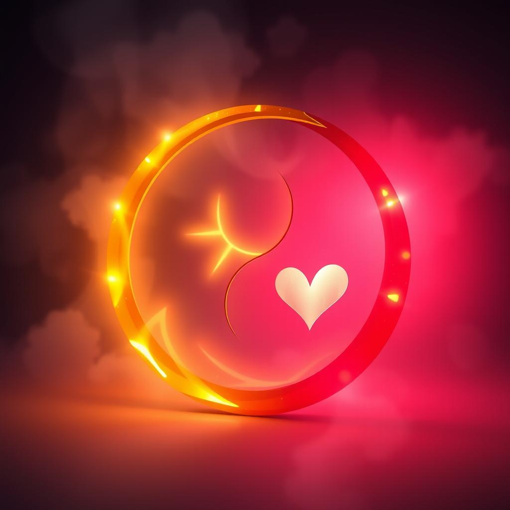 A beautifully designed yin-yang symbol, with one half glowing in radiant gold representing spiritual love and the other half glowing in vibrant red symbolizing passionate love