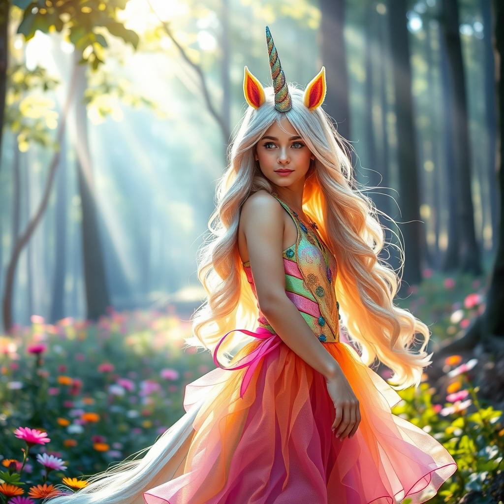 A magical unicorn girl, featuring a young woman with long, flowing iridescent hair that sparkles in the sunlight