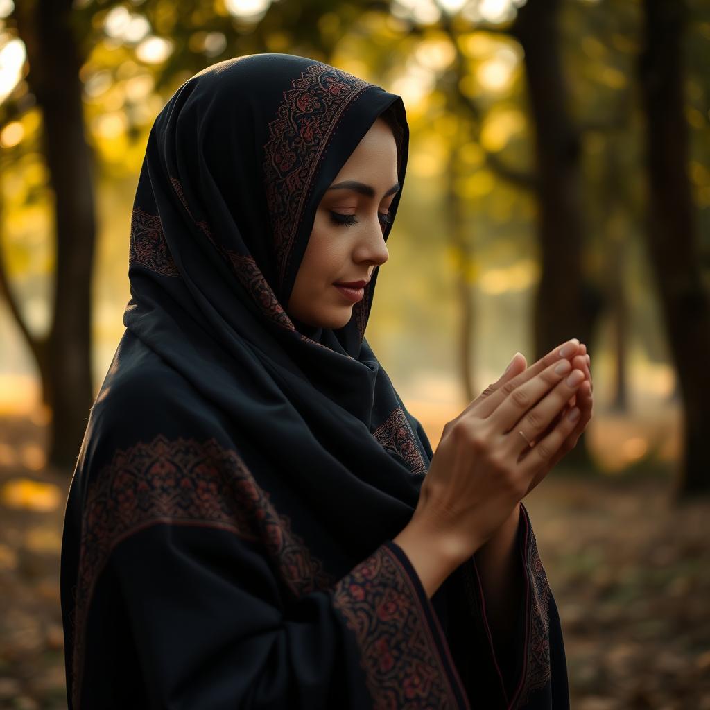 A hijabi woman in traditional attire, surrounded by a serene natural setting, engaged in an act of sacrifice, embodying strength and compassion