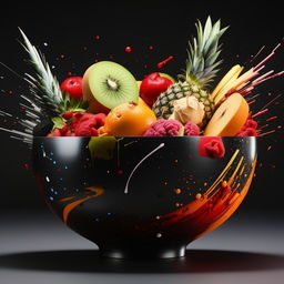 High-definition, conceptually deconstructed fruit bowl artistically arranged with various splatters and a modern composition