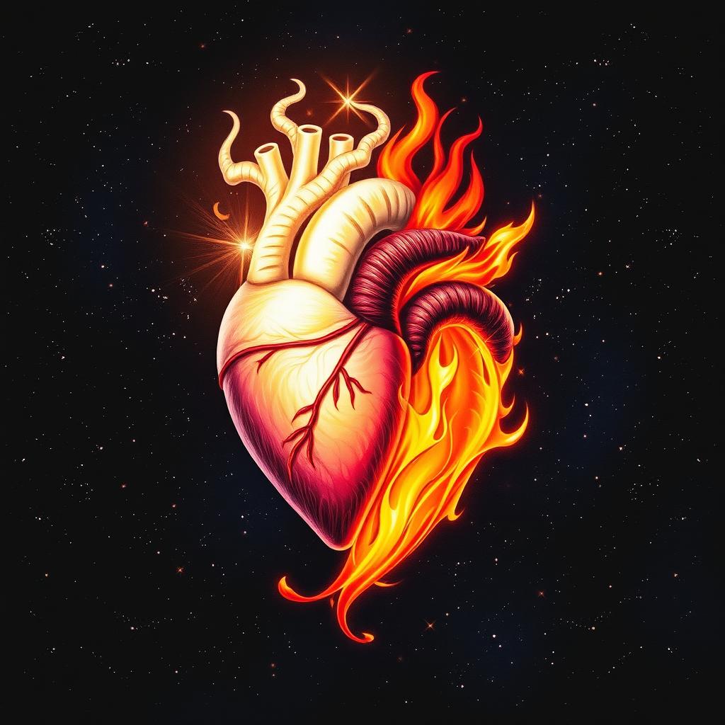 An artistic representation of two intertwined hearts, one radiating a soft, divine light, symbolizing purity and grace, while the other is engulfed in vibrant flames, representing fiery passion and desire