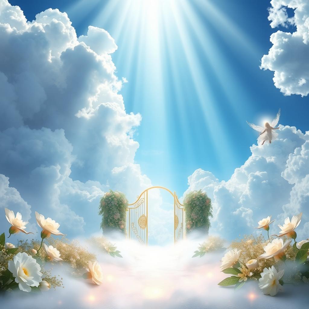 A breathtaking heavenly landscape depicting fluffy white clouds, ethereal light rays streaming down, and a vibrant blue sky