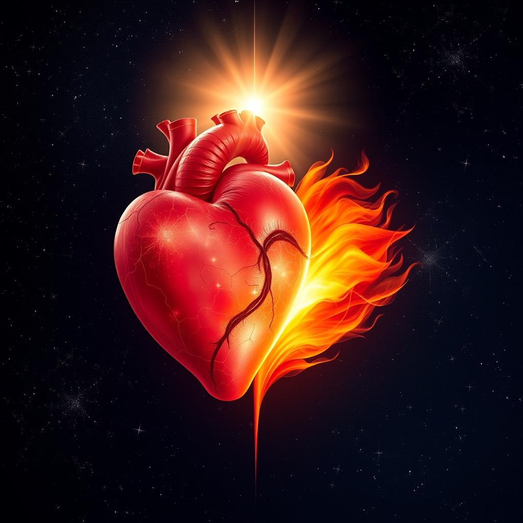 Two hearts, one glowing with a divine light, radiating a soft, ethereal luminescence, while the other is ablaze with fiery passion, emanating vibrant orange and red hues
