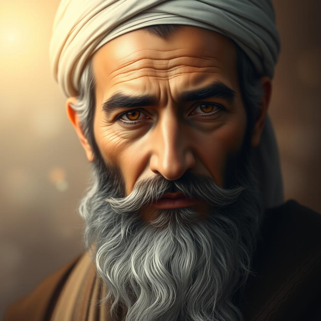 A highly detailed portrait of Imam Ali (peace be upon him), capturing his noble and serene features