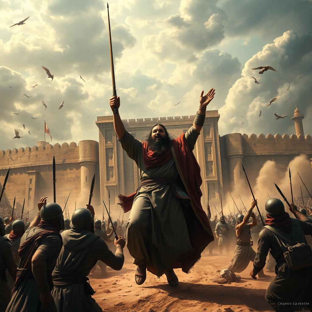 An epic depiction of Imam Ali (peace be upon him) during the moment he breaks the gate of Khaybar