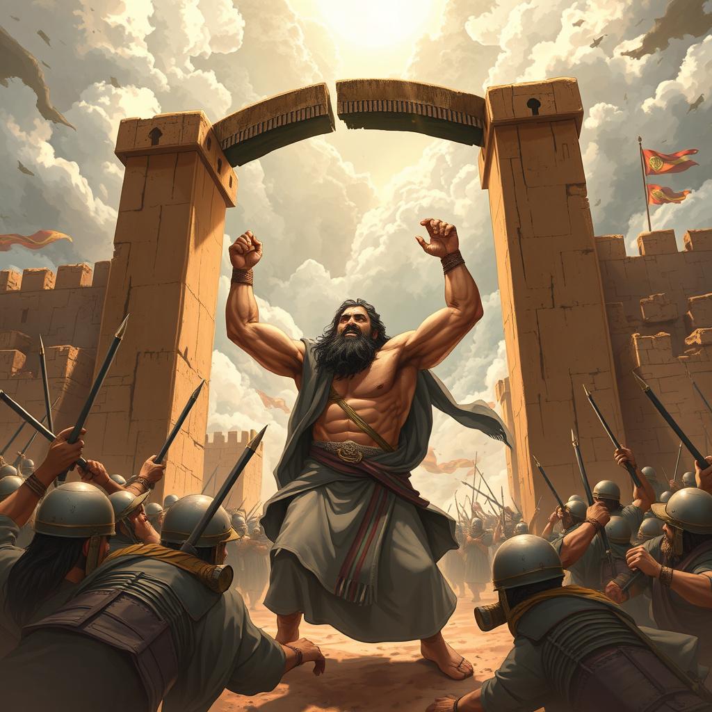 A dramatic illustration of Imam Ali (peace be upon him) at the pivotal moment of breaking the gate of Khaybar