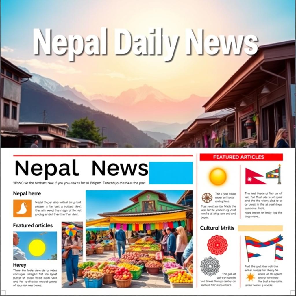 A vibrant and colorful newspaper layout featuring the headline 'Nepal Daily News' prominently displayed in bold letters at the top