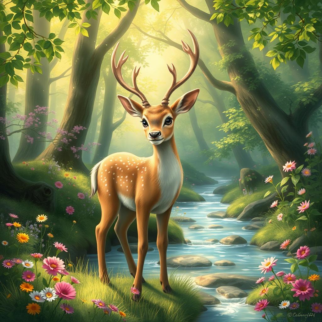 A serene and enchanting portrayal of Tomoe the deer, a majestic creature standing gracefully in a lush, verdant forest