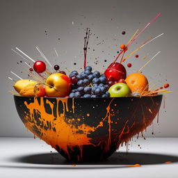 High-definition, conceptually deconstructed fruit bowl artistically arranged with various splatters and a modern composition