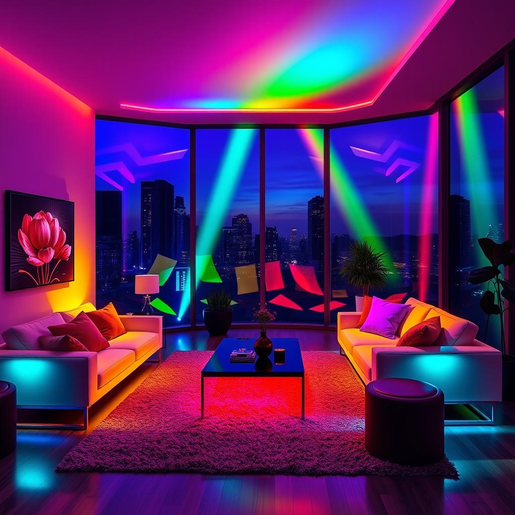 A vibrant and colorful scene featuring an array of RGB LED lights illuminating a modern living room