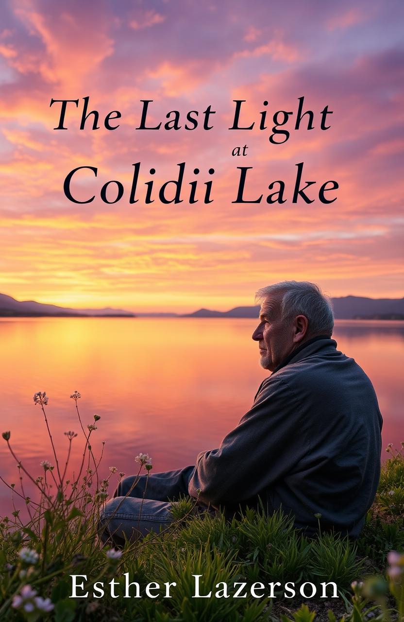 A picturesque scene of Colibri Lake at sunset featuring an old man sitting quietly at the water's edge, surrounded by beautiful nature