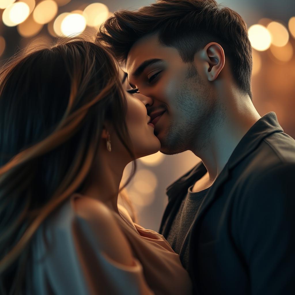 A close-up of two lovers sharing a passionate kiss in a romantic setting