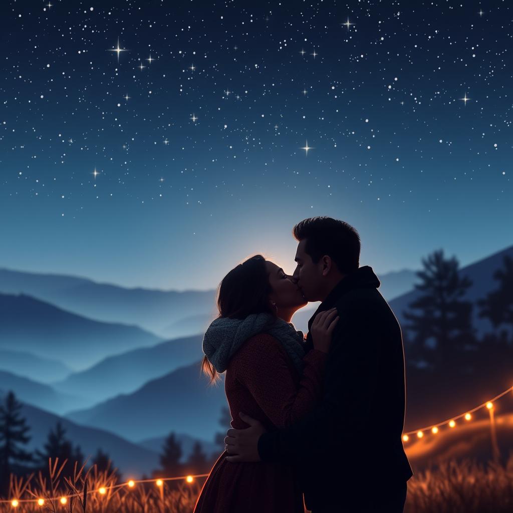 A romantic scene featuring a couple sharing a passionate kiss under a starry night's sky with soft glowing lights surrounding them