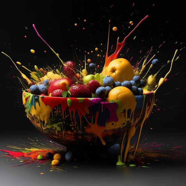 High-definition, conceptually deconstructed fruit bowl artistically arranged with various splatters and a modern composition