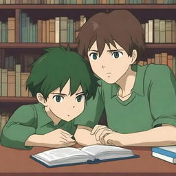 A high-quality anime-style digital art image depicts a scene in a library