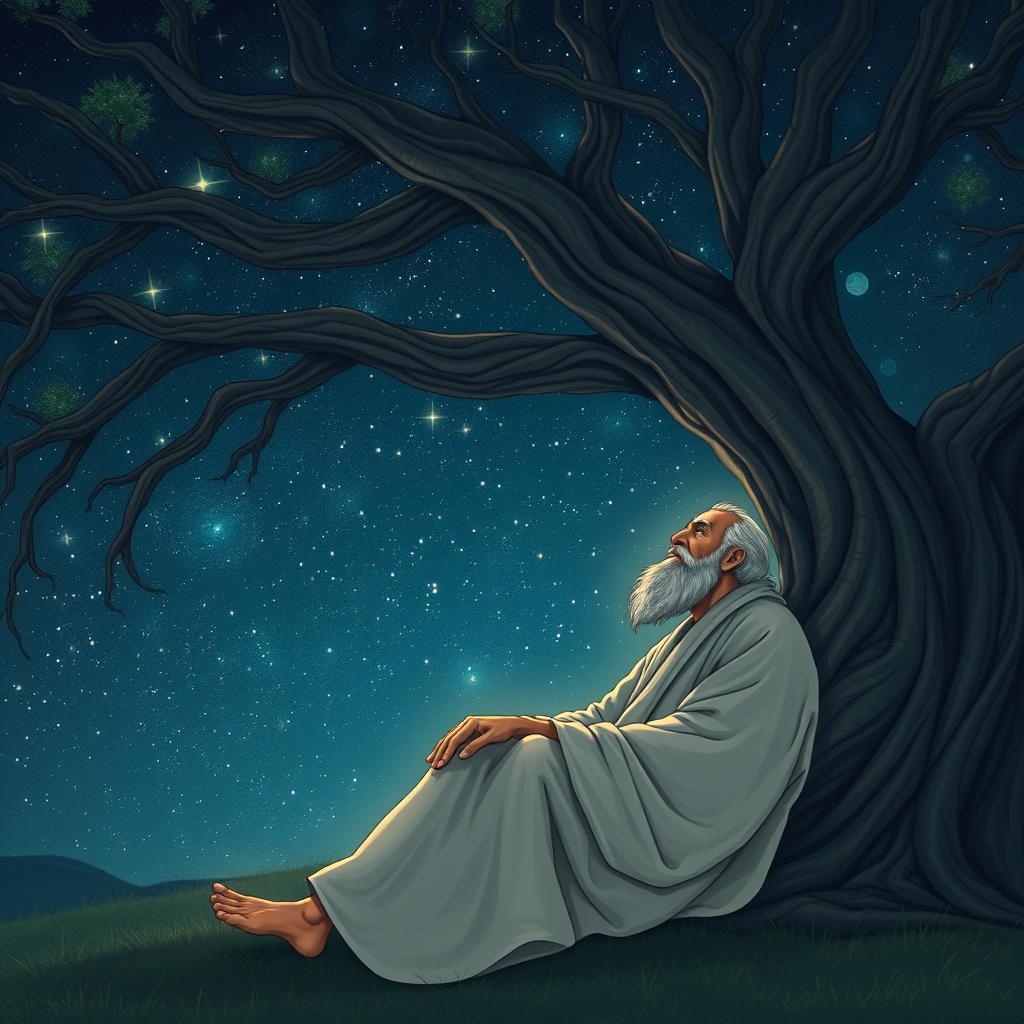 A serene philosopher sitting under a large, sprawling tree with thick branches, gazing thoughtfully up at a starry night sky filled with countless shiny stars