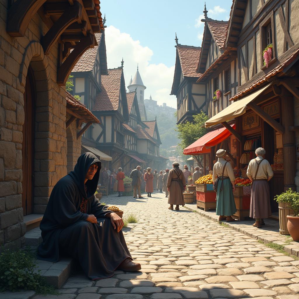 A vibrant medieval market scene featuring charming stone and wooden buildings, with intricate architectural details