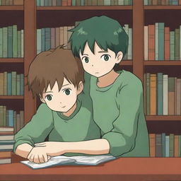 A high-quality anime-style digital art image depicts a scene in a library