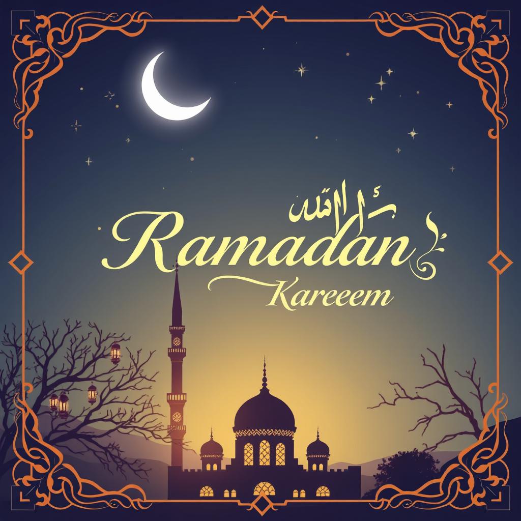 A beautifully designed poster for Ramadan, showcasing a serene night sky illuminated by a crescent moon and sparkling stars
