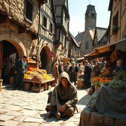 A lively medieval market scene featuring charming stone and wooden buildings that reflect the architecture of the period
