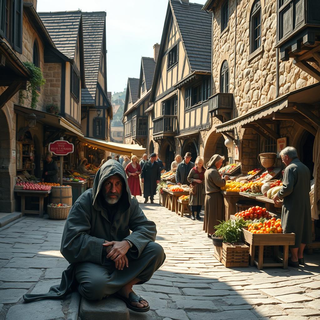 A lively medieval market scene featuring charming stone and wooden buildings that reflect the architecture of the period