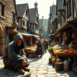 A lively medieval market scene featuring charming stone and wooden buildings that reflect the architecture of the period
