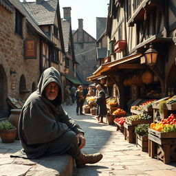 A lively medieval market scene featuring charming stone and wooden buildings that reflect the architecture of the period