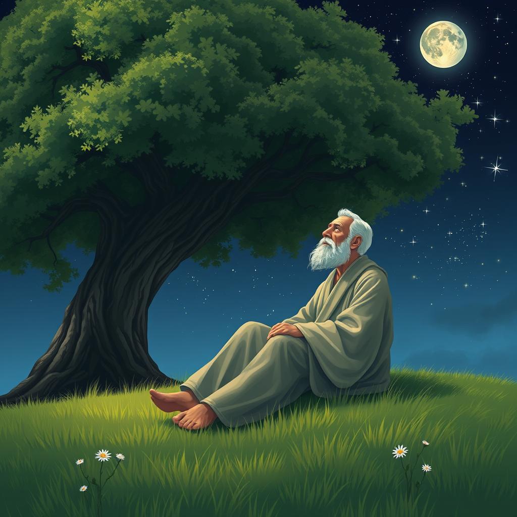 A serene philosopher sitting under a large, lush tree at night, gazing thoughtfully at the stars