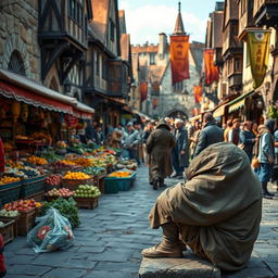 A bustling medieval market scene filled with vibrant activity
