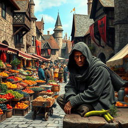 A bustling medieval market scene filled with vibrant activity