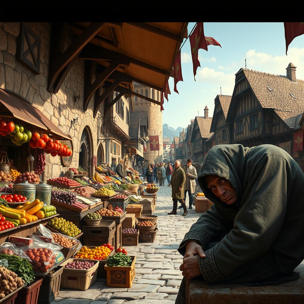 A bustling medieval market scene filled with vibrant activity