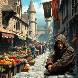A bustling medieval market scene filled with vibrant activity