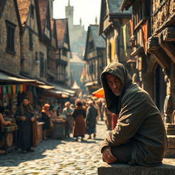 A bustling medieval market scene filled with life and activity, featuring a variety of stone and wooden buildings with rustic architecture