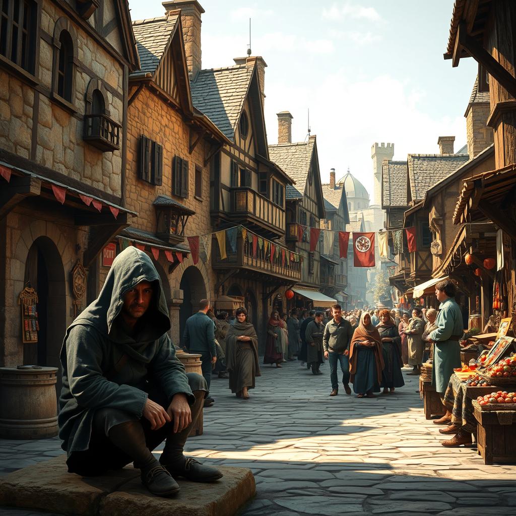 A bustling medieval market scene filled with life and activity, featuring a variety of stone and wooden buildings with rustic architecture